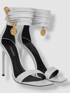 Versace White Leather Ankle-Wrap Stiletto Sandals with Gold Medallion Charm